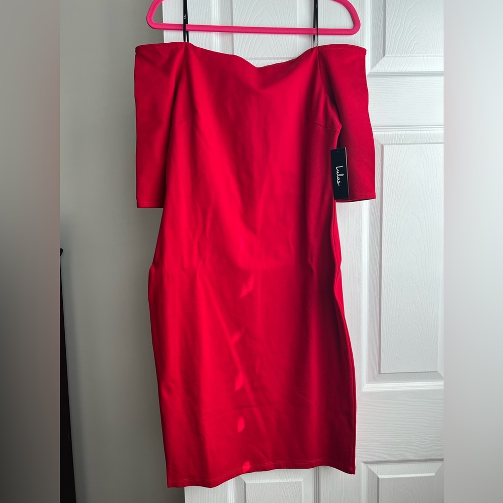 LULUS-Girl Can't Help It Red Off-the-Shoulder Midi Dress